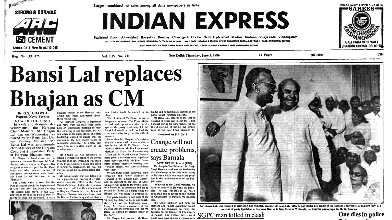 40 Years Ago June 5 1986 Bansi Lal Replaces Bhajan Lal