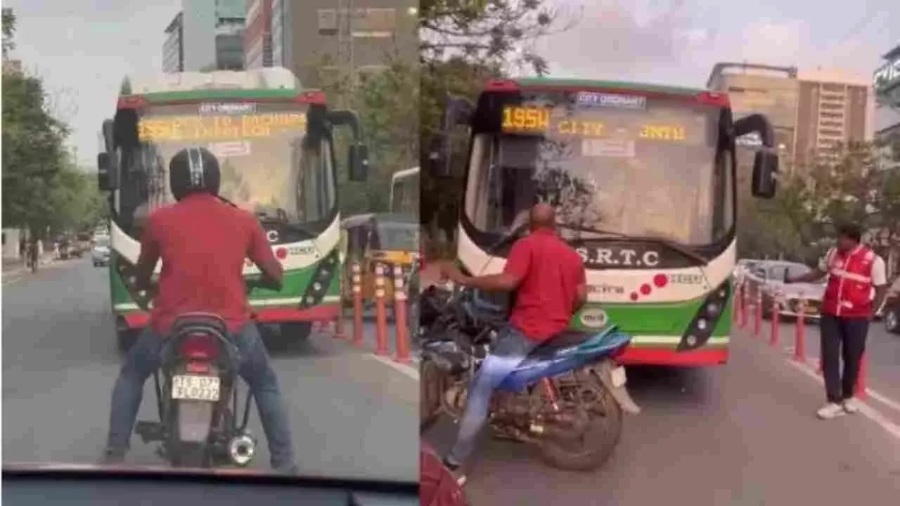 రాంగ్ రూట్ లో వచ్చిన ఆర్టీసీ బస్సు డ్రైవర్ కు బుద్ధి చెప్పిన బైకర్