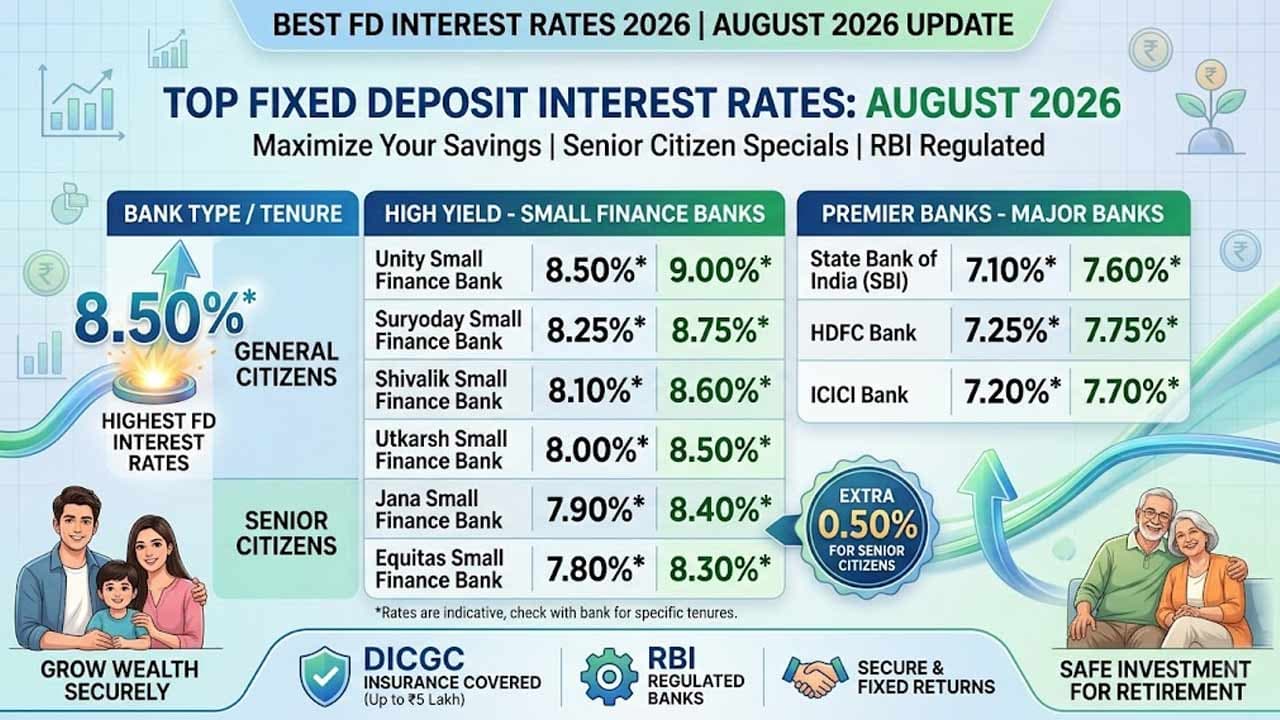 పై 8.50 శాతం వరకు వడ్డీ.. ఆగస్టు 2026లో టాప్ రేట్లు అందిస్తున్న బ్యాంకుల పూర్తి జాబితా