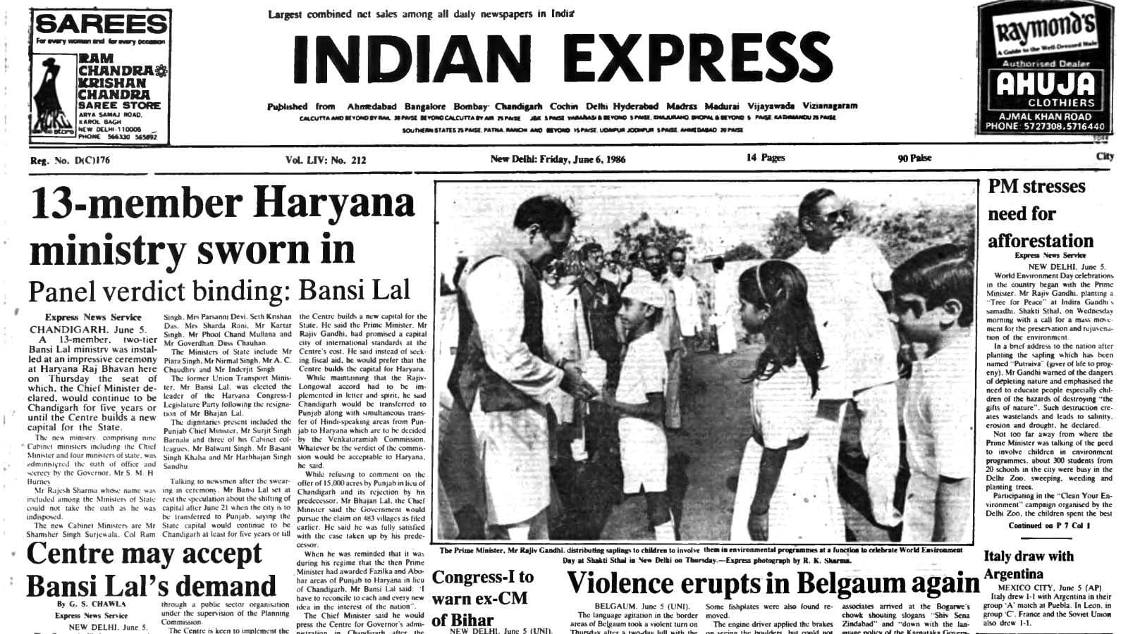 40 Years Ago June 6 1986 Haryana Ministry Sworn In