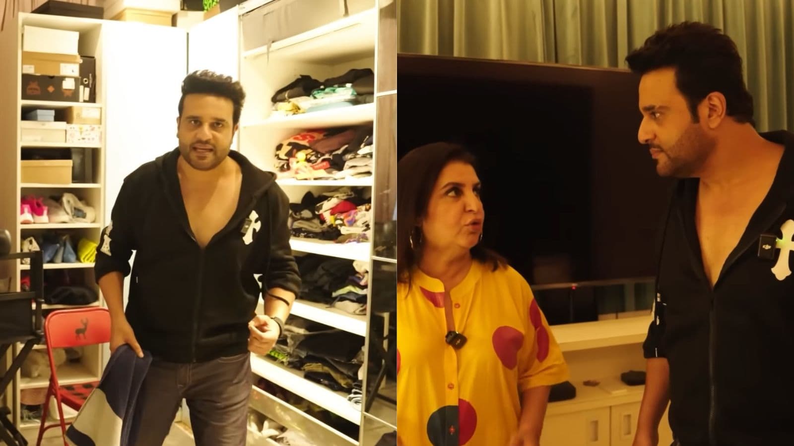 Inside Krushna Abhishek Stylish Mumbai Home Brick Walls All Black Kitchen Expansive Wardrobe