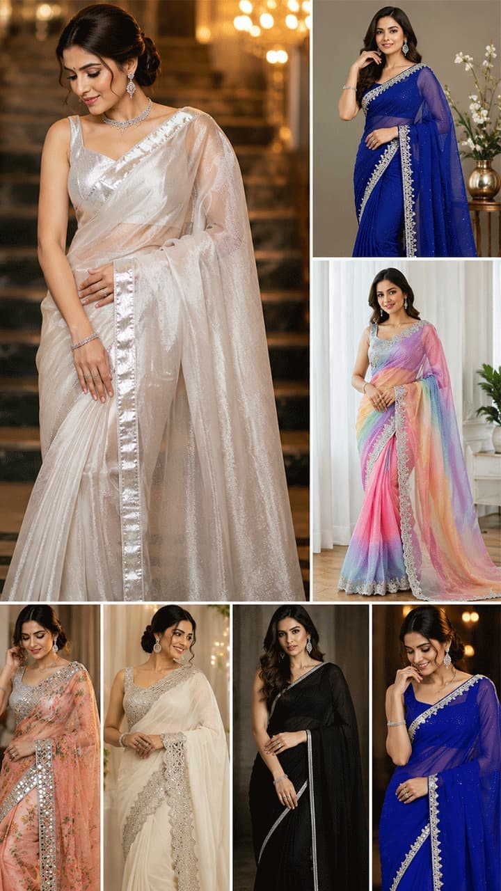 వెన్నెలలా వెండి అంచుతో మెరిసే చీరల డిజైన్లు